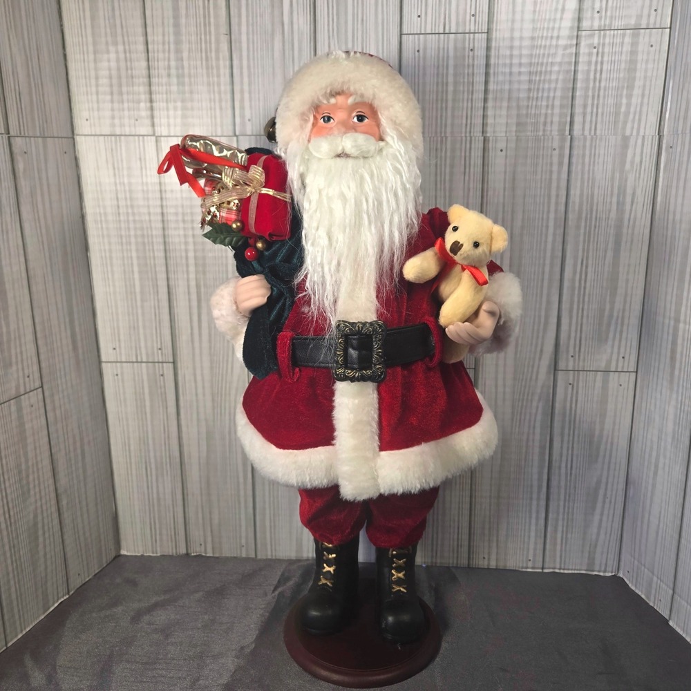 18" Santa Wood Base Porcelain Face Hands Teddy‎ Bear Presents Velvet Christmas
